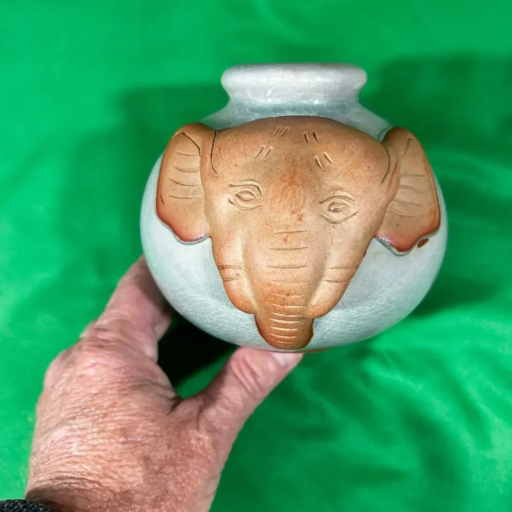 Siam Celadon Handmade Elephant Vase Jar Wood Ash Glaze Made in Thailand